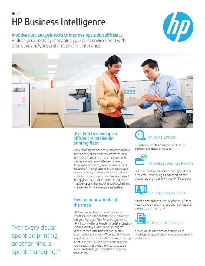 HP Business Intelligence Brochure Cover, HP, Hewlett Packard, MSA Business Technology, Canon, Kyocera, TN, GA, Copier, Printer, MFP, Sales, Service