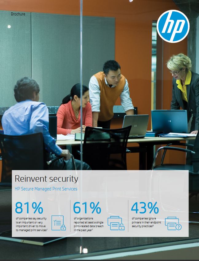 HP Managed Print Services Reinvent Security Brochure Cover, HP, Hewlett Packard, MSA Business Technology, Canon, Kyocera, TN, GA, Copier, Printer, MFP, Sales, Service