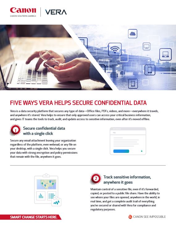 Vera Flyer 5 Ways Vera Helps Secure Confidential Data Cover, Canon MSA Business Technology, Canon, Kyocera, TN, GA, Copier, Printer, MFP, Sales, Service