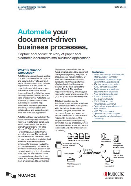 Kyocera Software Capture And Distribution Nuance Autostore Data Sheet Thumb, MSA Business Technology, Canon, Kyocera, TN, GA, Copier, Printer, MFP, Sales, Service