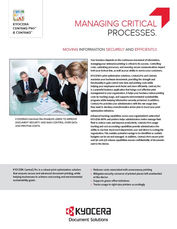 Kyocera Software Cost Control And Security Centraq Pro Data Sheet Thumb, MSA Business Technology, Canon, Kyocera, TN, GA, Copier, Printer, MFP, Sales, Service