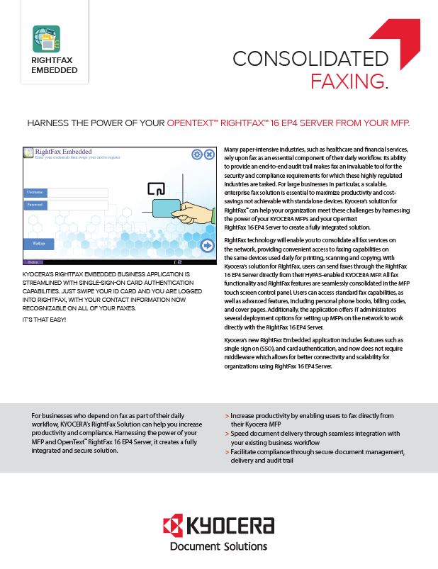 Kyocera Software Document Management Kyocera Rightfax Embedded Data Sheet Thumb, MSA Business Technology, Canon, Kyocera, TN, GA, Copier, Printer, MFP, Sales, Service