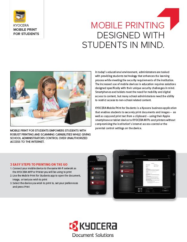 Kyocera Software Mobile And Cloud Kyocera Mobile Print For Students Data Sheet Thumb, MSA Business Technology, Canon, Kyocera, TN, GA, Copier, Printer, MFP, Sales, Service