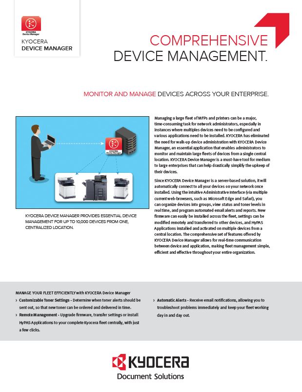 Kyocera Software Network Device Management Kyocera Device Manager Data Sheet Thumb, MSA Business Technology, Canon, Kyocera, TN, GA, Copier, Printer, MFP, Sales, Service