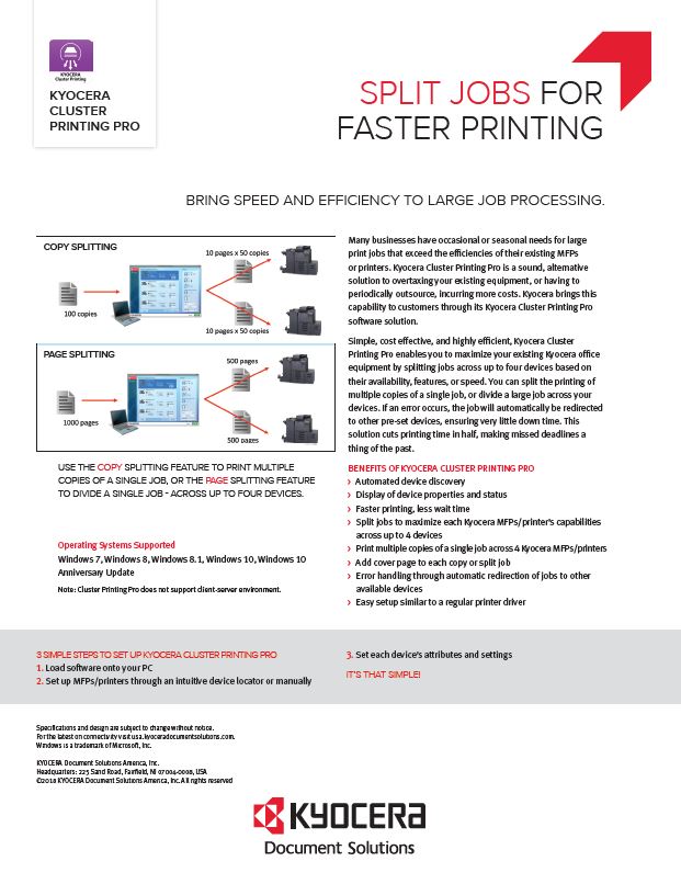 Kyocera Software Output Management Kyocera Cluster Printing Pro Data Sheet Thumb, MSA Business Technology, Canon, Kyocera, TN, GA, Copier, Printer, MFP, Sales, Service