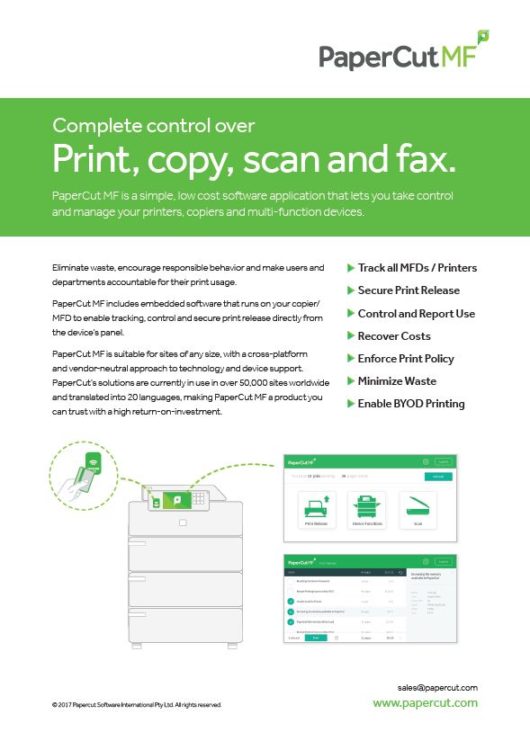 Fact Sheet Cover, Papercut MF, MSA Business Technology, Canon, Kyocera, TN, GA, Copier, Printer, MFP, Sales, Service